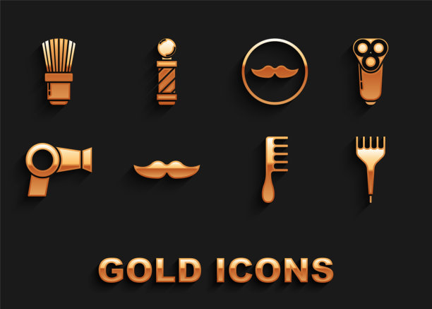 集胡子，电动剃须刀片的男人，发刷，吹风机，剃须和经典理发店杆子图标。向量图片下载