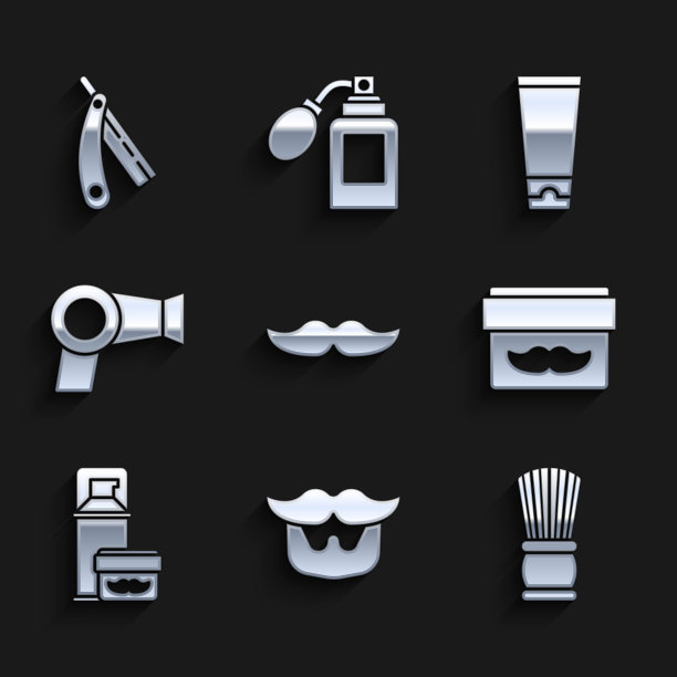 套装胡子，胡须，剃须刷，面霜或乳液化妆品罐，凝胶泡沫，吹风机，管和直剃刀图标。向量图片下载