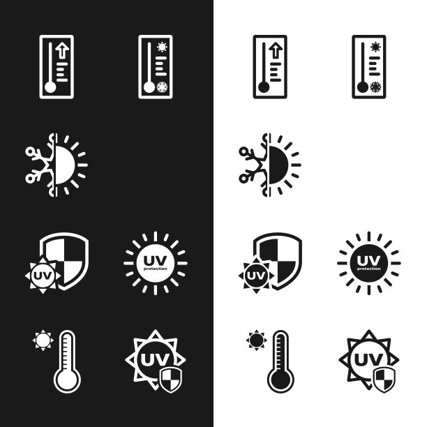 设置彩虹与太阳，太阳和雪花，气象温度计，紫外线防护，和图标。向量图片下载