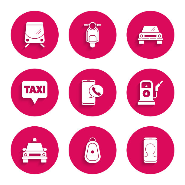 设置出租车呼叫电话服务，汽车钥匙与远程，汽油或加油站，汽车，地图指针出租车，有轨电车和铁路图标。向量图片下载