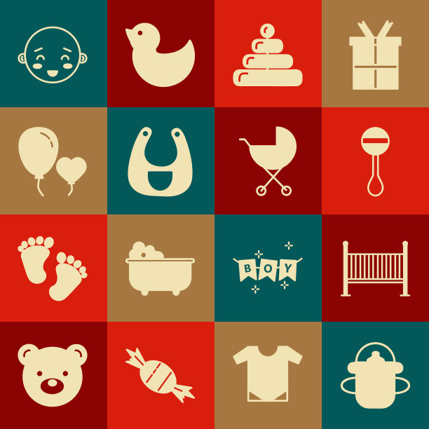 集奶瓶，摇篮床，摇铃婴儿玩具，金字塔，围嘴，气球在心脏的形式，快乐的小男孩的头和婴儿车图标。向量图片下载