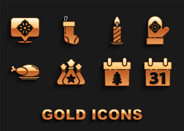 集圣诞老人袋礼物，圣诞手套，日历，烤火鸡或鸡，在烛台燃烧的蜡烛，雪花与言语泡沫和袜子图标。向量图片下载