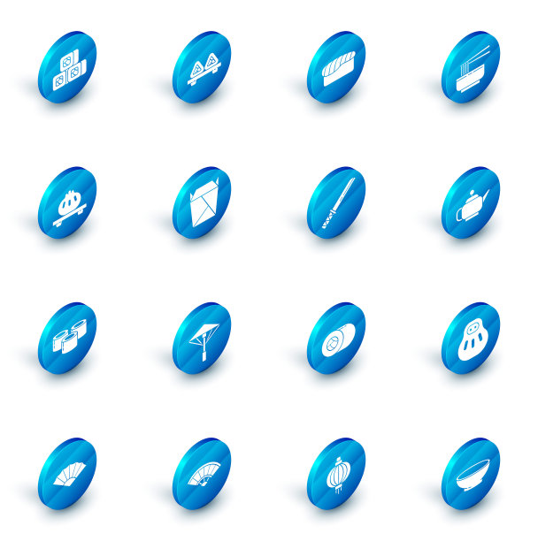 设寿司于砧板上，亚洲面碗和筷子上，饺子，餐厅打开取出装满的盒子，日本茶道和传统武士刀的图标。向量图片下载