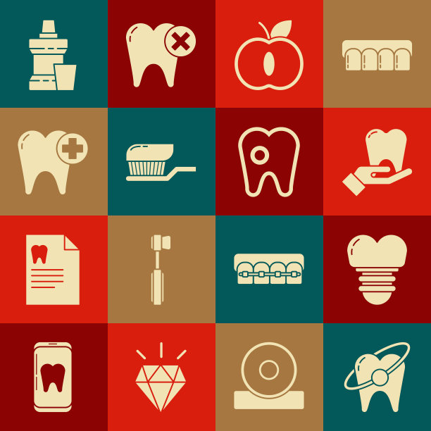 集牙齿美白概念，种植牙，苹果，牙膏牙刷，漱口水塑料瓶和龋齿图标。向量图片下载