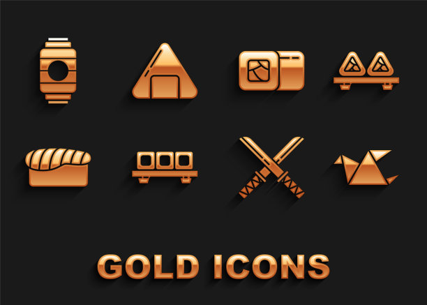 设置寿司砧板，折纸鸟，传统日本武士刀，纸灯笼和图标。向量图片下载