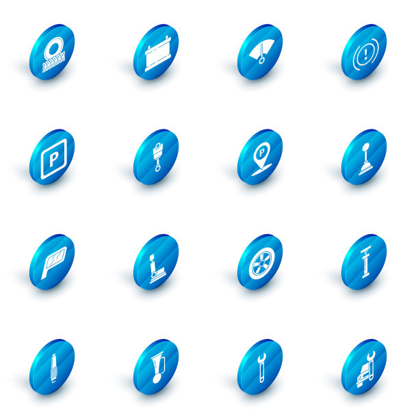 设置汽车电池，速度计，制动系统警告，停车，后视镜，发动机活塞，变速杆和位置与停车图标。向量图片下载