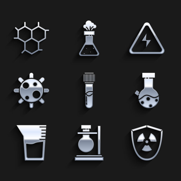 设置试管和烧瓶化学，在支架上，放射性屏蔽，实验室玻璃器皿或烧杯，细菌，高压标志和化学配方图标。向量图片下载