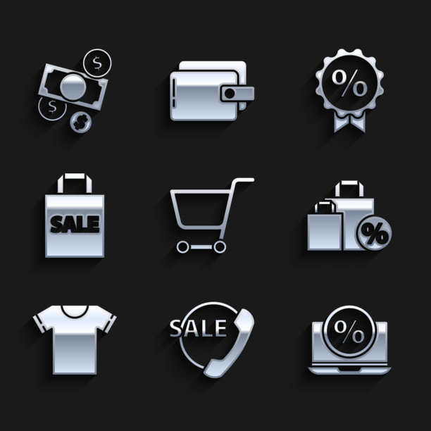 集购物车，电话24小时支持，百分比折扣和笔记本电脑，购物袋，t恤，销售，折扣百分比标签和货币现金硬币图标。向量图片下载