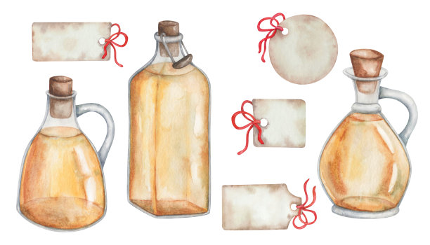 水彩插图集。手绘黄色初榨橄榄油在玻璃壶，水罐，方形瓶与软木塞。纸标签，用红丝带做标签。向日葵油。橙汁。孤立的剪贴画图片下载