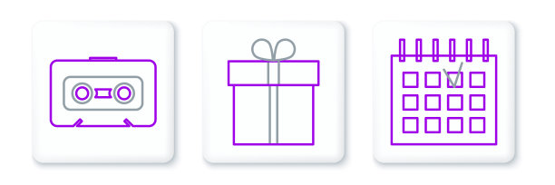 设置线路详细日历，复古音频磁带和礼盒图标。向量图片下载