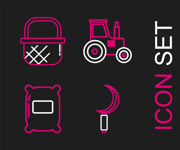 设置线镰刀，面粉袋，拖拉机和购物篮图标。向量图片下载