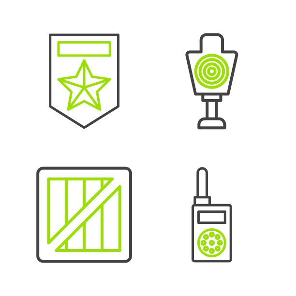 设置线对讲机，军事弹药箱，人类目标运动射击和雪佛龙图标。向量图片下载