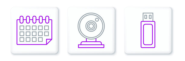 设置线USB闪存驱动器，日历和网络摄像头图标。向量图片下载