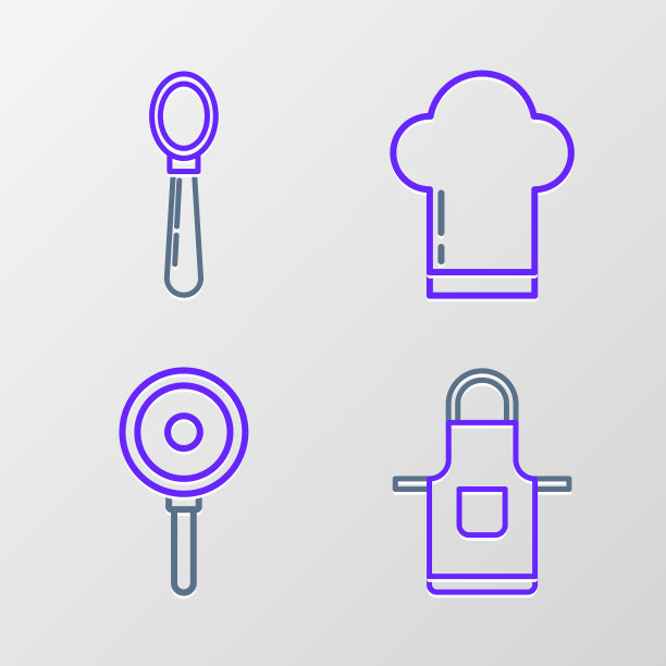 设置线厨房围裙，煎锅，厨师帽和勺子图标。向量图片下载