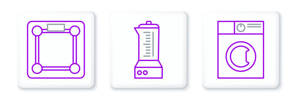 设置线洗衣机，浴室秤和搅拌机图标。向量图片下载