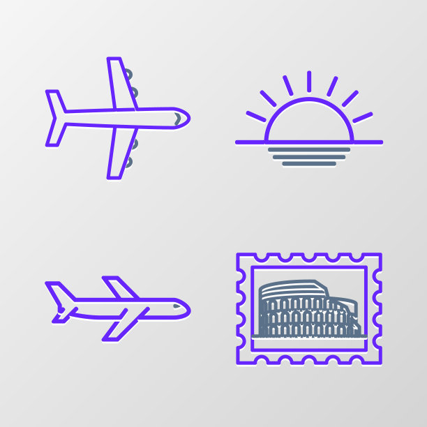 设置线邮政邮票和体育馆，飞机，日落和图标。向量图片下载