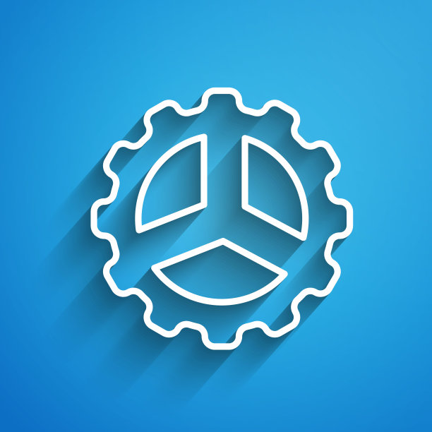 白线自行车链轮曲柄图标孤立的蓝色背景。长长的阴影。向量图片下载