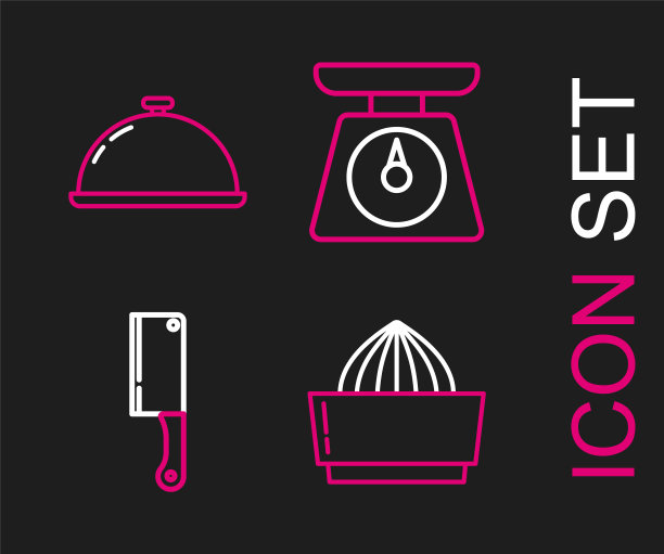 设置线柑橘榨汁机，肉斩，鳞片和覆盖与托盘的食物图标。向量图片下载