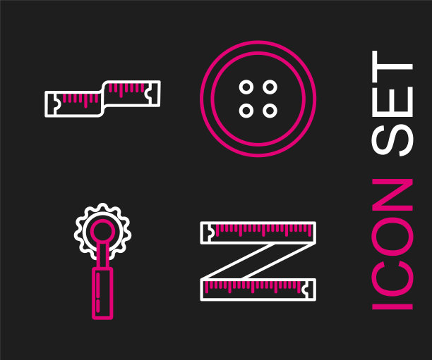 设置线卷尺，刀具，衣服缝制按钮和图标。向量图片下载