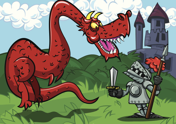 卡通骑士面对一条红色的龙图片下载