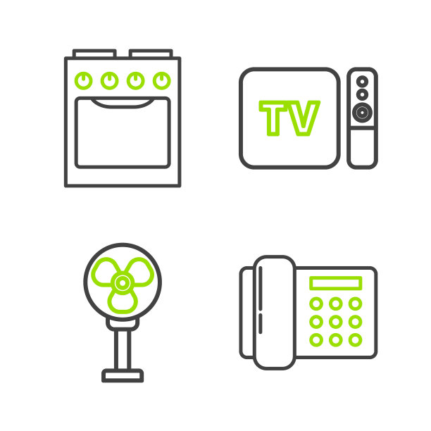 固定线路电话，电风扇，电视盒接收器和播放器，遥控器和烤箱图标。向量图片下载
