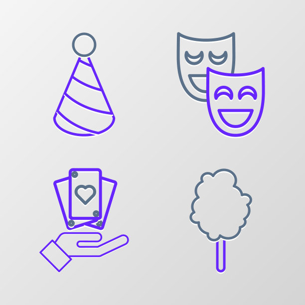 集线棉花糖，手持扑克牌，喜剧戏剧面具和党帽图标。向量图片下载