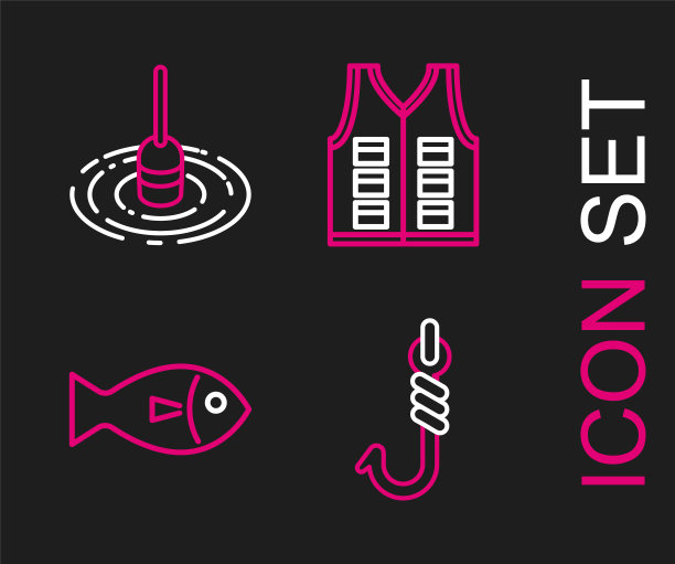 设置鱼钩，夹克和浮水图标。向量图片下载