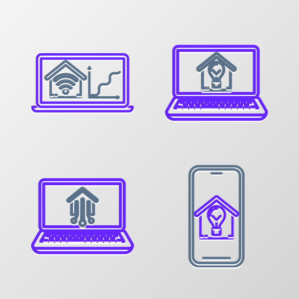 设置线手机与智能住宅和灯泡，笔记本电脑家庭，和wi-fi图标。向量图片下载