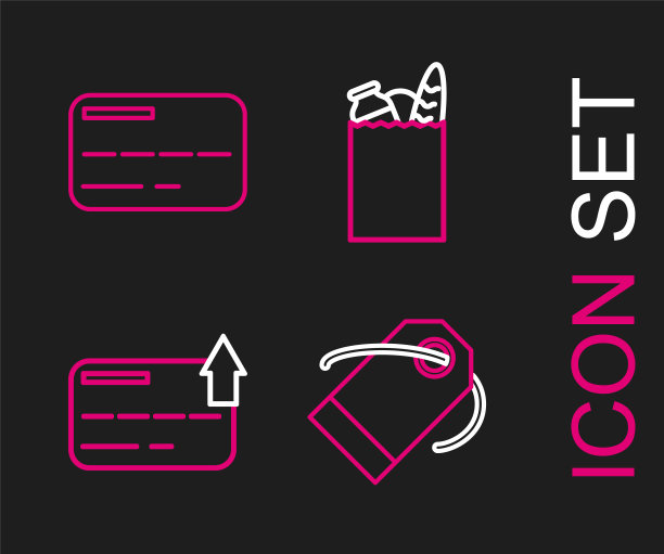 设置行空白标签模板价格标签，信用卡，纸质购物袋和食品和图标。向量图片下载