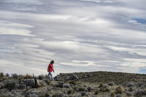一位年长的女士走过田野。图片下载