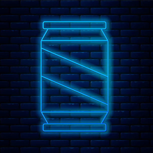 发光的霓虹灯线啤酒可以图标孤立的砖墙背景。向量图片下载