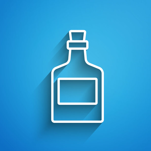 白线酒精饮料朗姆酒瓶图标隔离在蓝色背景。长长的阴影。向量图片下载