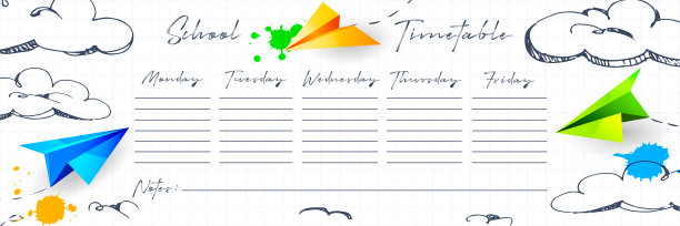 卡通风格的时间规划概念。用彩色纸飞机和手绘在学校笔记本上的一周待办事项清单。图片下载