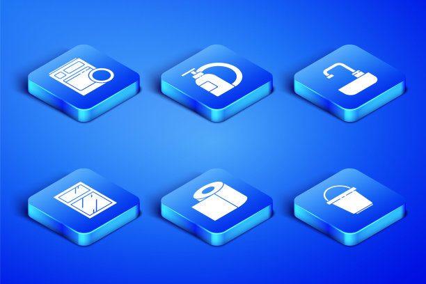 集桶，厨房洗碗机，厕纸卷，清洁服务的窗户，洗洁精瓶和盘子和洗脸盆水龙头图标。向量图片下载