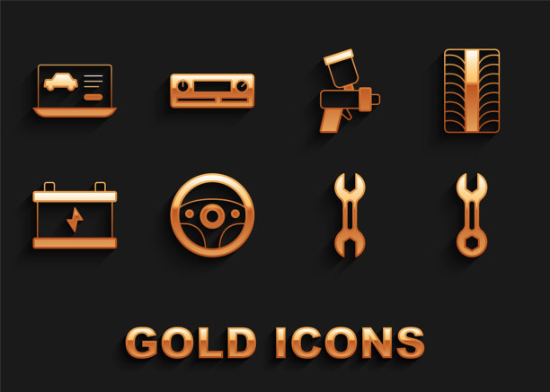 设置方向盘，汽车轮胎，扳手扳手，电池，喷漆枪，汽车诊断条件和音频图标。向量图片下载