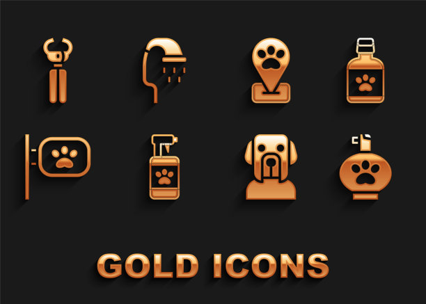 集宠物洗发水，狗药瓶，美容，定位宠物，指甲钳和淋浴图标。向量图片下载