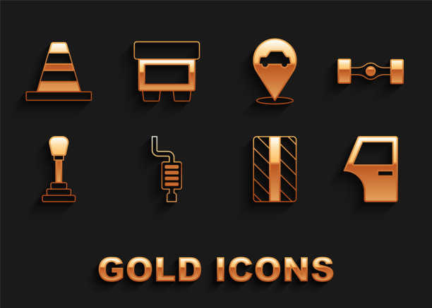 集汽车消声器，底盘汽车，门，轮胎轮，变速杆，位置与服务，交通锥和保险丝图标。向量图片下载