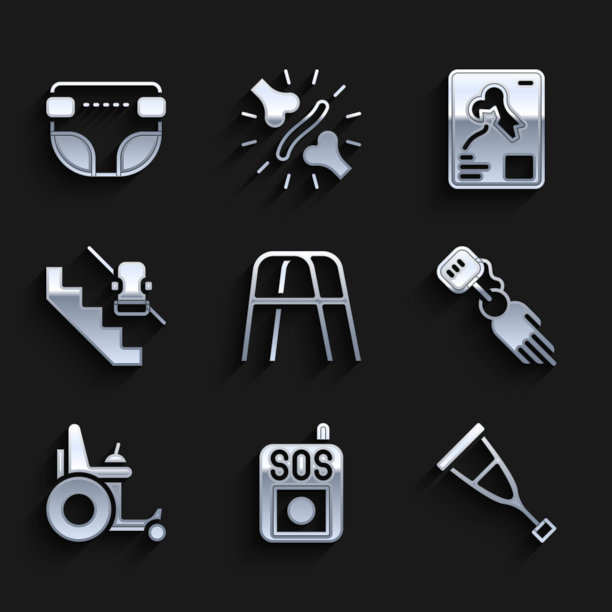 设置助行器，按下SOS按钮，拐杖或拐杖，假肢手，电动轮椅，残疾人电梯，x光镜头和成人尿布图标。向量图片下载