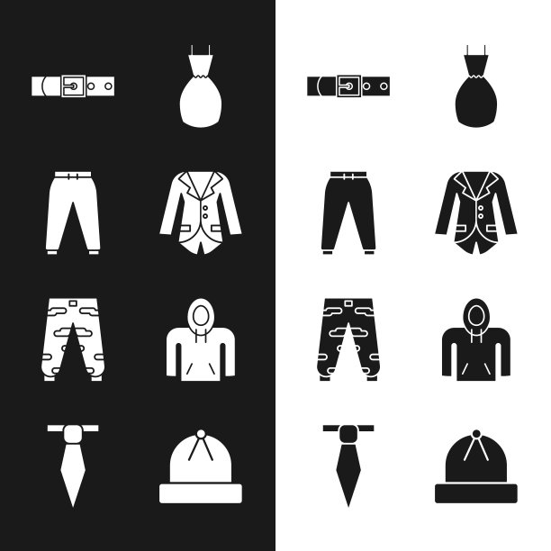 套装西装或夹克，运动裤，皮带，女装，迷彩货物，连帽衫，冬季帽子和领带图标。向量图片下载