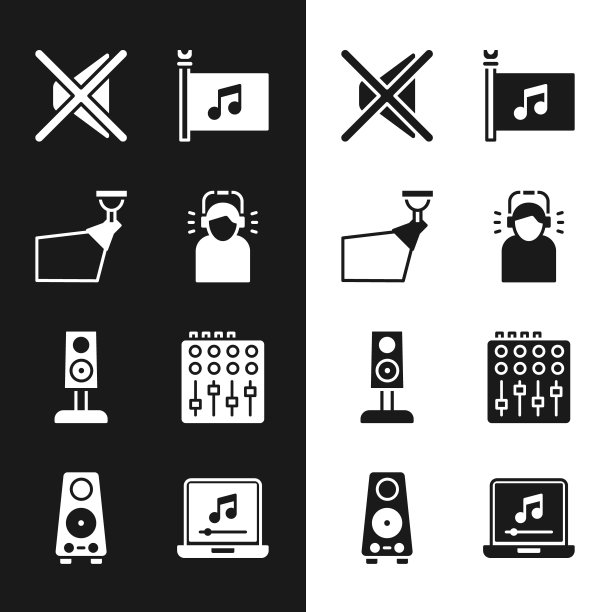 Set Man in耳机，电影聚光灯，扬声器静音，音乐节旗帜，立体声扬声器，混音控制器，笔记本电脑与音乐笔记和图标。向量图片下载