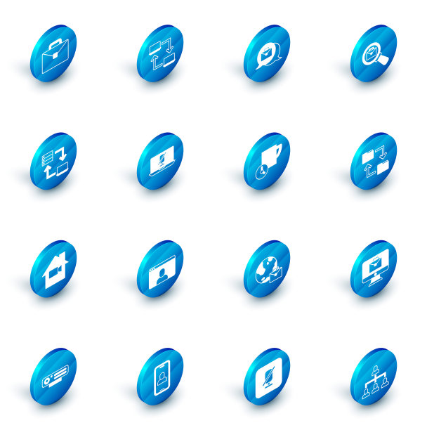 设置在线工作，放大镜与公文包，摄像机离家，静音麦克风在笔记本电脑，云存储文件夹和时间管理图标。向量图片下载