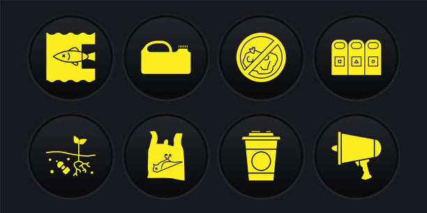 设置地球污染问题，垃圾桶垃圾分类，死鸟，塑料，纸玻璃，无垃圾，机器油罐，传播，扩音器和停止海洋图标。向量图片下载