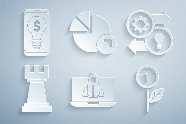 集启动项目概念，人力资源，国际象棋，美元工厂，财务增长和灯泡与美元移动图标。向量图片下载