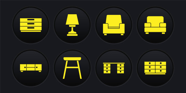 设置抽屉柜，扶手椅，椅子，办公桌，台灯，和图标。向量图片下载