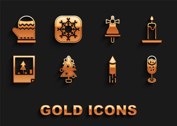 圣诞树、燃烧的蜡烛、香槟、烟花、明信片、铃铛、手套和雪花图标矢量素材图片下载