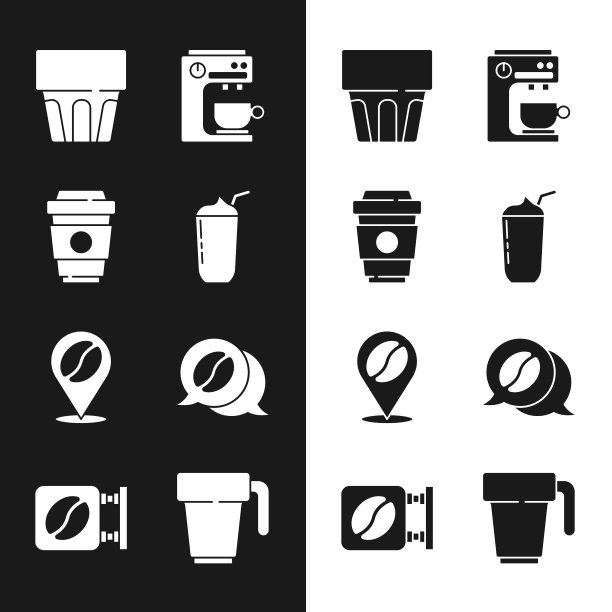 设置奶昔，外带咖啡杯，带水的杯子，机器，位置咖啡豆，对话和街道标志图标。向量图片下载