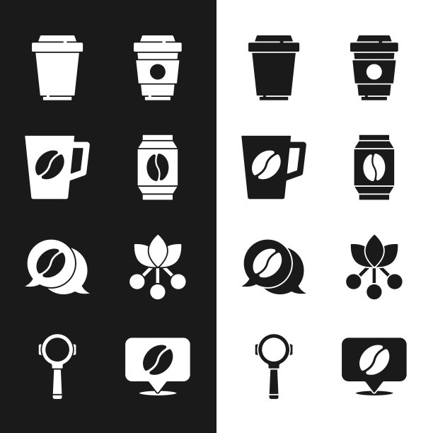设置咖啡豆袋，咖啡杯，去，和谈话，豆，分支，位置与过滤器持有人图标。向量图片下载
