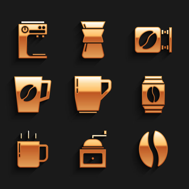 设置咖啡杯，手动咖啡研磨机，豆子，袋子，街道招牌和机器图标。向量图片下载