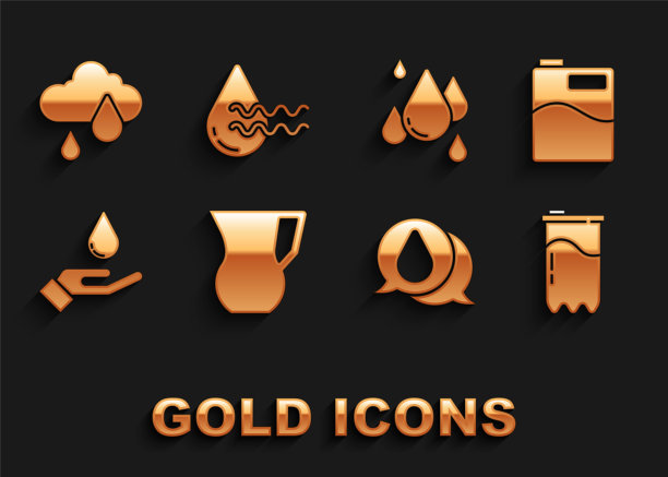 集水壶玻璃与水，大瓶清洁，水过滤筒，滴，洗手皂，云雨和回收水的图标。向量图片下载