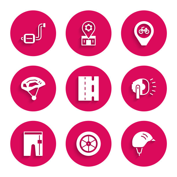 设置自行车道，车轮，头盔，头灯，自行车短裤，位置与自行车和踏板图标。向量图片下载